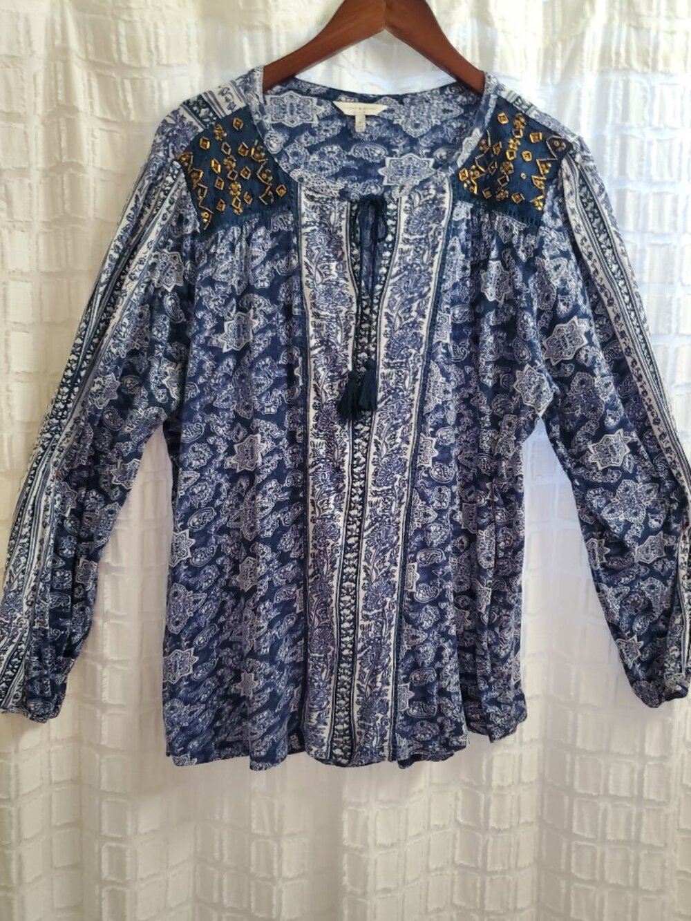 Lucky Brand Navy and White Paisley Embroidered Look Beads Blouse